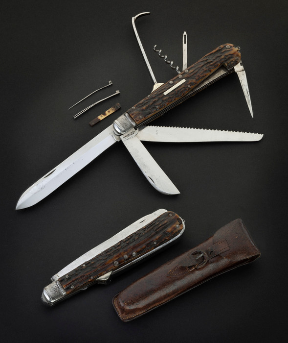 SIMPSON & STRAND, SHEFFIELD, STAG MULTI-BLADE (8) LARGE HORSEMAN’S KNIFE, c. 1850-70’S