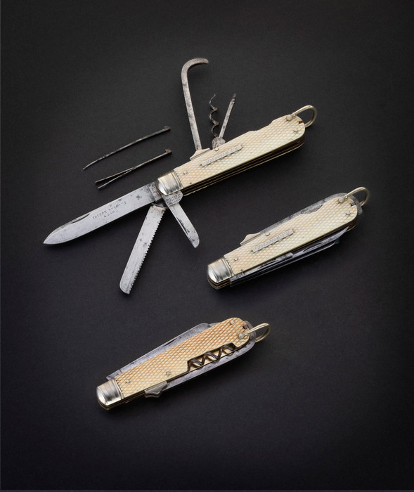 JOSEPH RODGERS & SONS, CHECKERED IVORY MULTI-BLADE (6) HORSEMAN’S KNIFE, c. 1860-80’S
