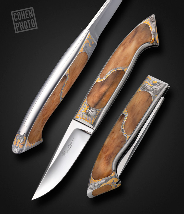 Charles Bennica Folder with Mammoth Ivory, Engraved by Ezio Zatti