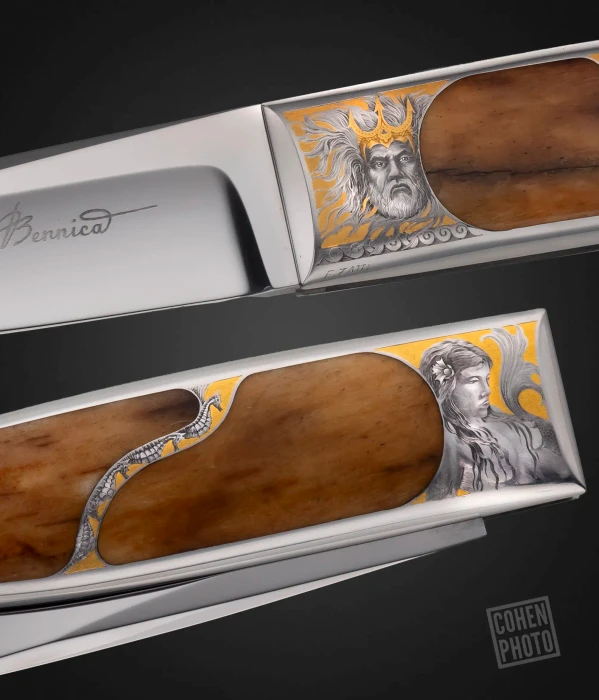 Charles Bennica Folder with Mammoth Ivory, Engraved by Ezio Zatti