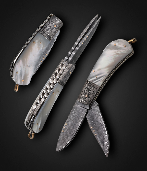 Kaj Embretson — Damascus & Mother-of-Pearl Multiblade Folder