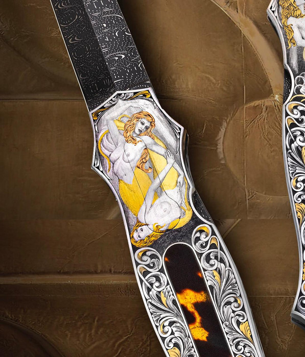 Kious, Joe Double Pocket Locket Automatic Folding Dagger with Mermaids, Engrv. by Brian Hochstrat 