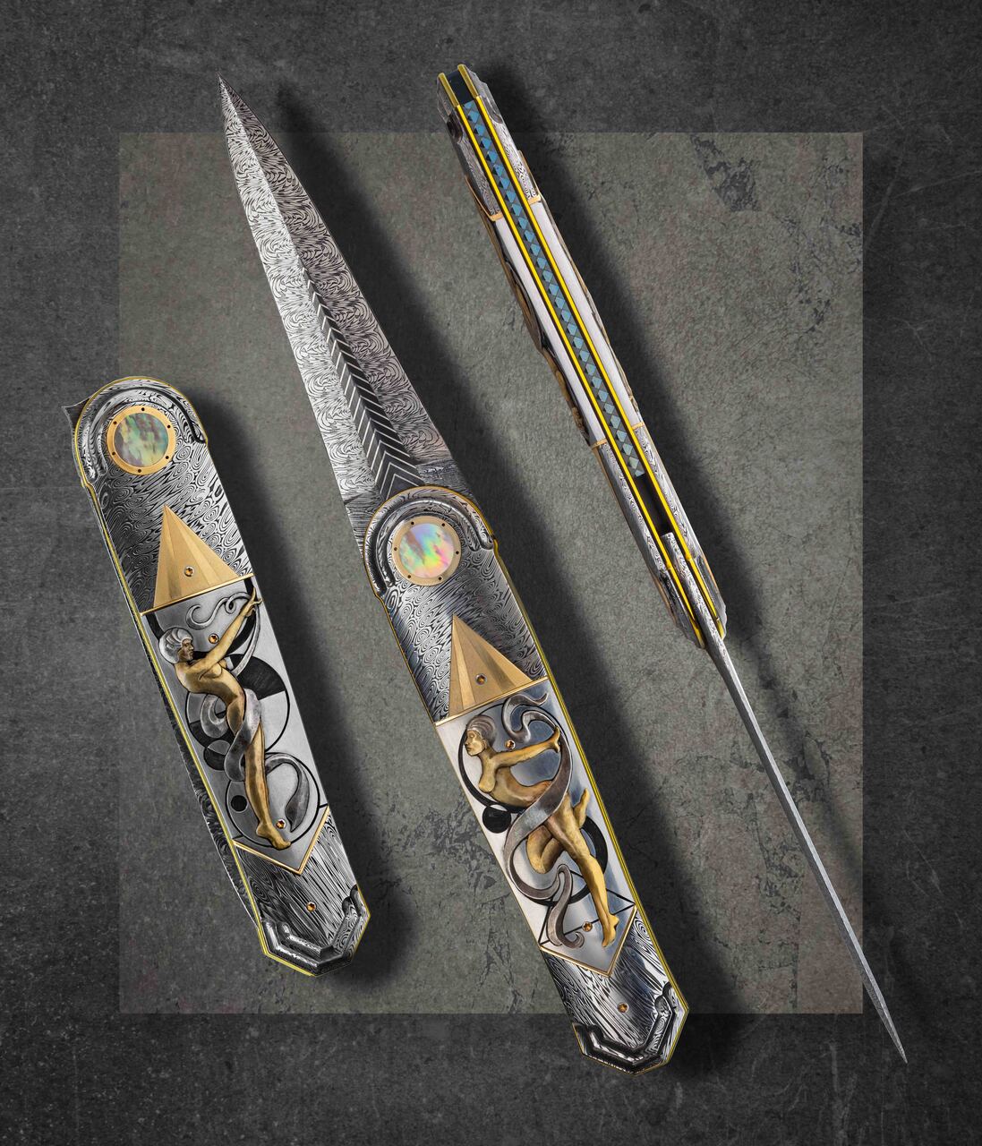 K*i様 ヴィンテージ 手彫り 木製 盾 セット カレッジ・ユニバーシティシリー Wood, Owen, Damascus Folder with Art Deco Engraving by Ron Skaggs