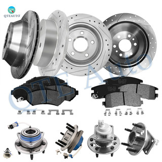 Set of 16 Front 303mm-Rear 278mm Drilled Slotted Brake Disc Rotors-Wheel Hub Bearing Assembly-Ceramic Brake Pad Kit For 2000-2005 Chevrolet Impala