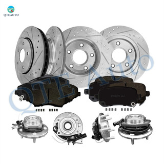 Set of 16 Front 302mm-Rear 305mm Drilled Slotted Brake Disc Rotors-Wheel Hub Bearing Assembly-Ceramic Brake Pad Kit For 2008-2010 Chrysler Town & Country