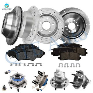 Set of 16 Front 303mm-Rear 278mm Drilled Slotted Brake Disc Rotors-Wheel Hub Bearing Assembly-Ceramic Brake Pad Kit Replacement For 2001-2005 Chevrolet Impala
