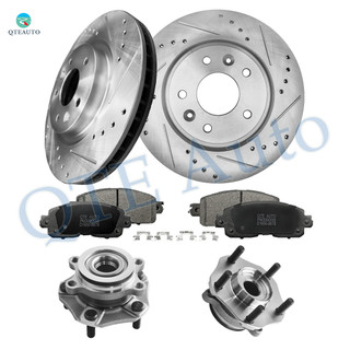 Set of 8 Front 296mm Drilled Slotted Brake Disc Rotors-Ceramic Brake Pad Kit-Wheel Hub Bearing Assembly For 2015 Nissan Leaf