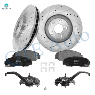Set of 8 Front 300mm Drilled Slotted Brake Disc Rotors-Ceramic Brake Pad Kit-Suspension Knuckle Assembly For 2009-2014 Acura TSX