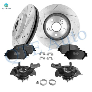 Set of 8 Front 296mm Drilled Slotted Brake Disc Rotors-Ceramic Brake Pad Kit-Suspension Knuckle Assembly For 2004 2005 Toyota Camry