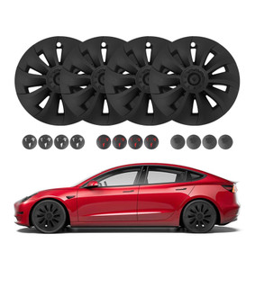 Set Of 4 Wheel Covers Big Cyclone Hubcaps Matte Black For 2017-2023 Tesla 3 19 inch Except Highland