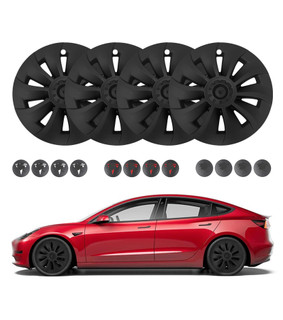 Set Of 4 Wheel Covers Big Cyclone Hubcaps Matte Black For 2017-2023 Tesla 3 19 inch Except Highland