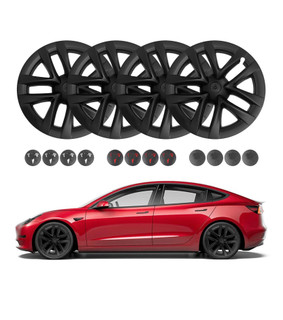 PM Auto Set of 4 Wheel Covers Spider Web II Hubcaps Matte Black Fits 2017 2018 2019 2020 2021 2022 2023 Tesla 3 18 inch; Except Highland