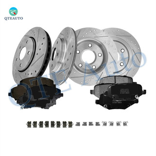 Set of 12 Front 302mm-Rear 305mm Drilled Slotted Brake Disc Rotors-Ceramic Brake Pad Kit For 2012-2015 RAM C/V