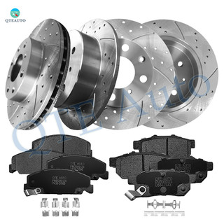 Set of 12 Front 240mm-Rear 239mm Drilled Slotted Brake Disc Rotors-Ceramic Brake Pad Kit For 1992 1995 Honda Civic