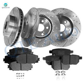 Set of 12 Front 255mm-Rear 259mm Drilled Slotted Brake Disc Rotors-Ceramic Brake Pad Kit For 2010-2015 Toyota Prius