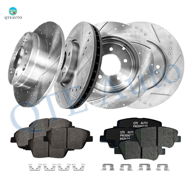 Set of 12 Front 300mm-Rear 284mm Drilled Slotted Brake Disc Rotors-Front 8595-D1444 Rear Ceramic Brake Pad Kit For 2011-2015 KIA Optima