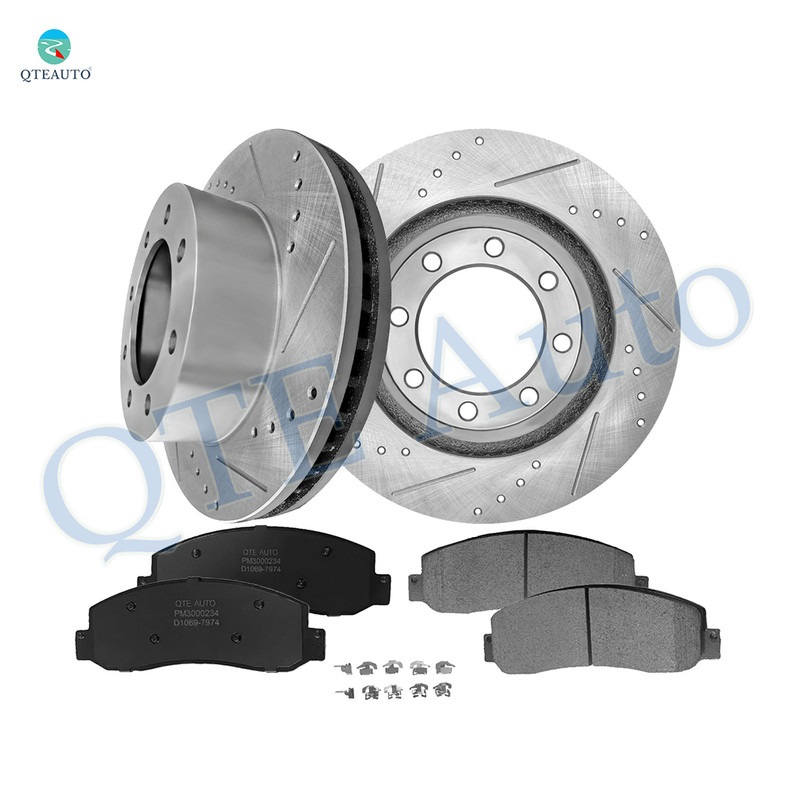 Set of 6 Front 347mm Drilled Slotted Brake Disc Rotors-Ceramic Brake Pad Kit For 2005-2007 Ford F-350 Super Duty