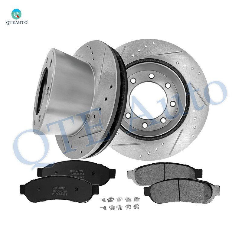 Set of 6 Rear 340mm Drilled Slotted Brake Disc Rotors-Ceramic Brake Pad Kit For 2005-2012 Ford F-350 Super Duty