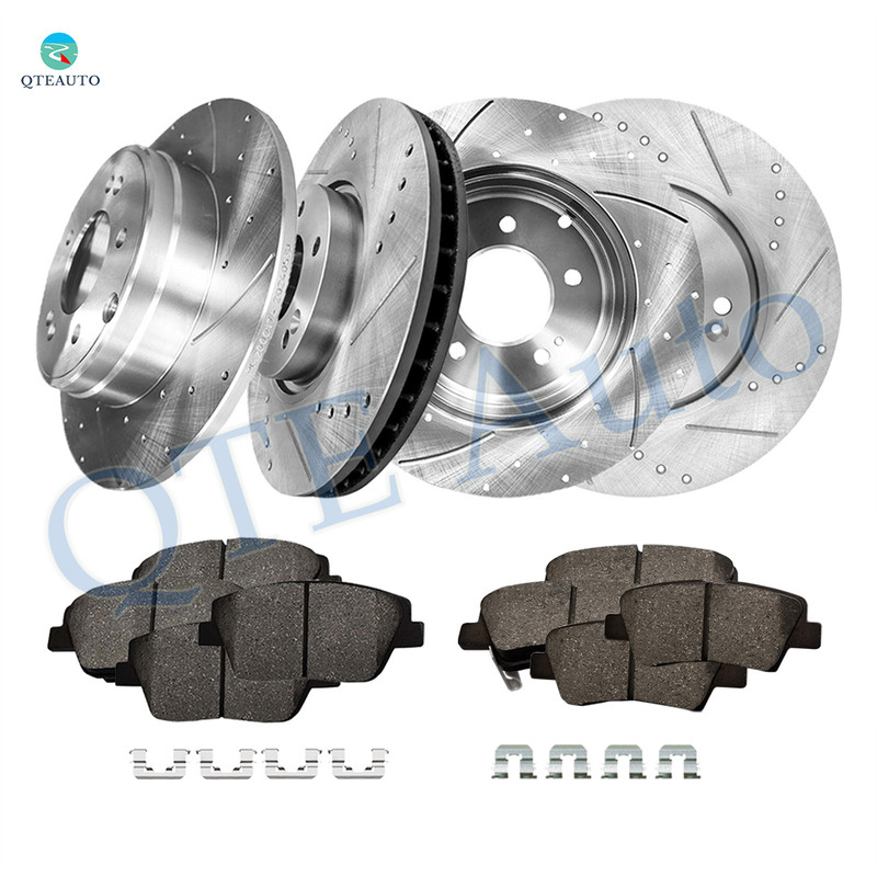 Set of 12 Front 300mm-Rear 284mm Drilled Slotted Brake Disc Rotors-Front 8595-D1444 Rear 8428A-D1445 Ceramic Brake Pad Kit For 2011-2015 KIA Optima