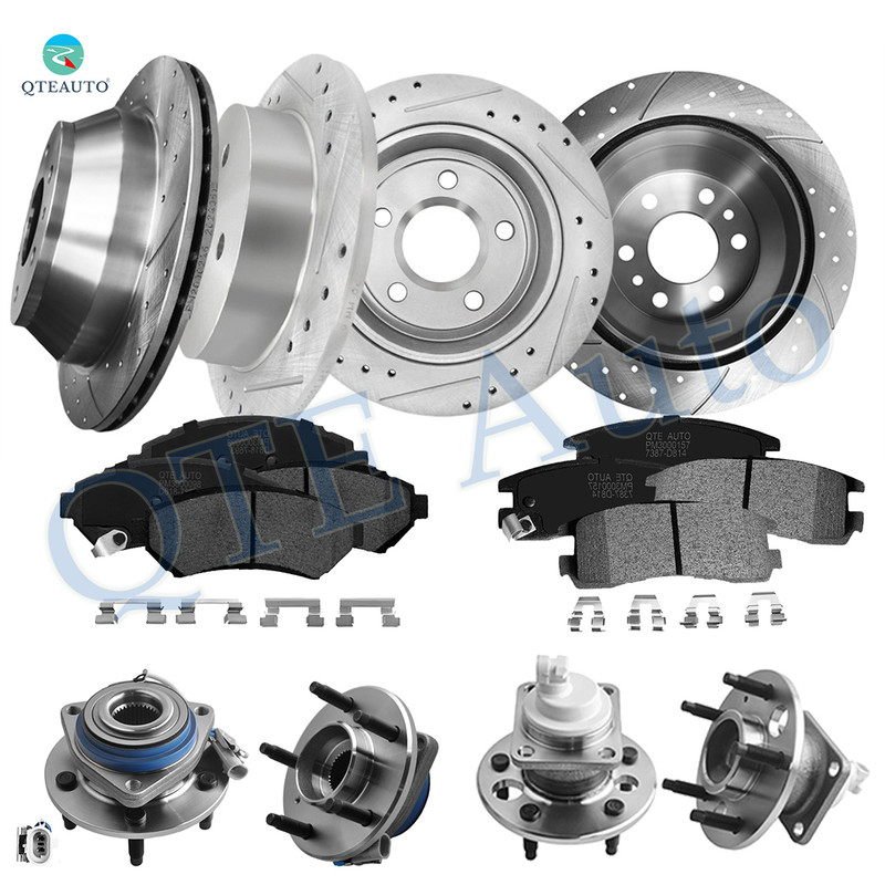 Set of 16 Front 303mm-Rear 278mm Drilled Slotted Brake Disc Rotors-Wheel Hub Bearing Assembly-Ceramic Brake Pad Kit For 2000 2001 Chevrolet Impala
