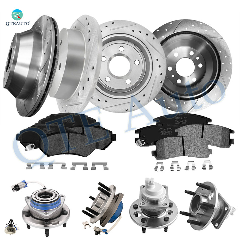 Set of 16 Front 303mm-Rear 278mm Drilled Slotted Brake Disc Rotors-Wheel Hub Bearing Assembly-Ceramic Brake Pad Kit For 2000-2005 Chevrolet Impala