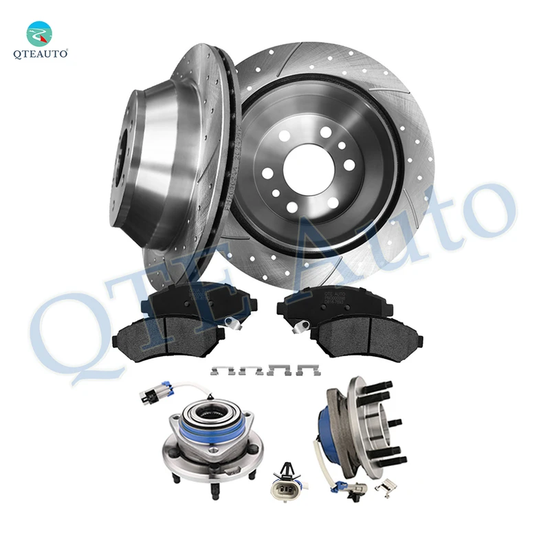Set of 8 Front 303mm Drilled Slotted Brake Disc Rotors-Wheel Hub Bearing Assembly-Ceramic Brake Pad Kit For 2000-2004 Chevrolet Monte Carlo