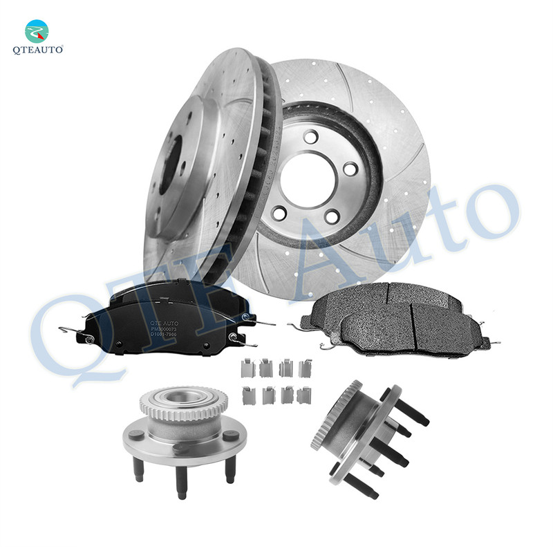 Set of 8 Front 293mm Drilled Slotted Brake Disc Rotors-Wheel Hub Bearing Assembly-Ceramic Brake Pad Kit For 2005-2010 Ford Mustang