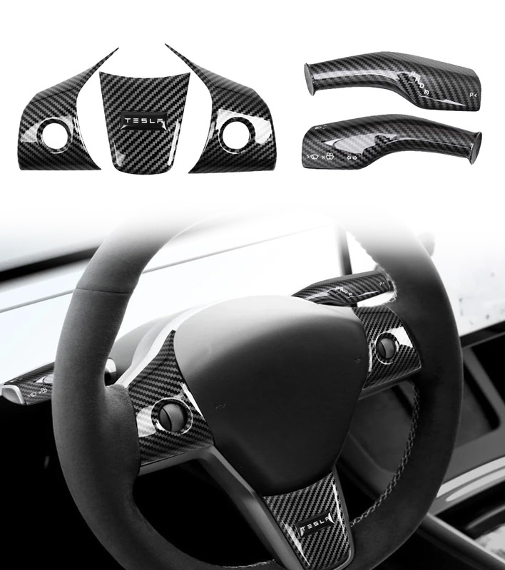 Steering Wheel Panel Wrap Cover Trim Kit And Gear Shifter Cover Replacement For 2017-2023 Tesla Model 3 Interior Accessories Black (5pcs/Set, Glossy Carbon)
