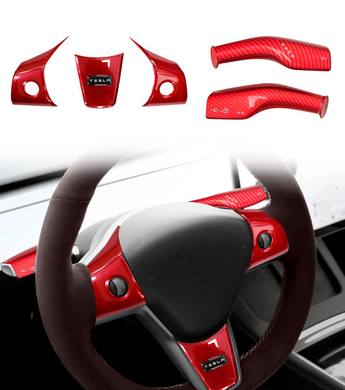 Steering Wheel Panel Wrap Cover Trim Kit And Gear Shifter Cover Replacement For 2020-2024 Tesla Model Y Interior Accessories Red (5pcs/Set, Glossy Carbon)