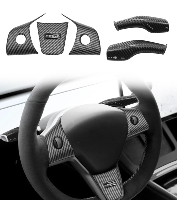 Steering Wheel Panel Wrap Trim Kit Cover And Gear Shifter Cover Replacement For 2020-2024 Tesla Model Y Interior Accessories Black(5pcs/Set,Matte Carbon)