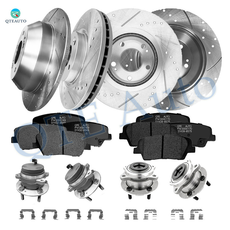 Set of 16 Front 300mm-Rear 302mm Drilled Slotted Brake Disc Rotors-Ceramic Brake Pad Kit-Wheel Hub Bearing Assembly For 2011-2013 KIA Sorento
