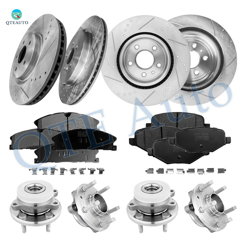 Set of 16 Front 325mm-Rear 345mm Drilled Slotted Brake Disc Rotors-Ceramic Brake Pad Kit-Wheel Hub Bearing Assembly For 2013-2019 Ford Flex