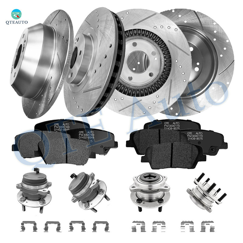 Set of 16 Front 320mm-Rear 302mm Drilled Slotted Brake Disc Rotors-Ceramic Brake Pad Kit-Wheel Hub Bearing Assembly For 2014 2015 KIA Sorento AWD