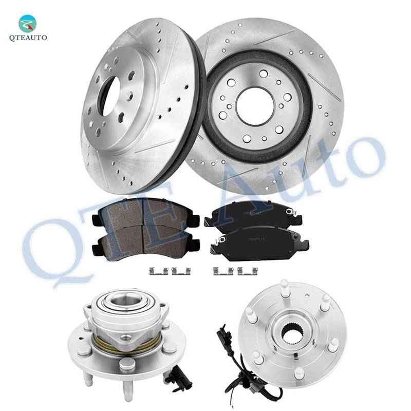 Set of 8 Front 329.95mm Drilled Slotted Brake Disc Rotors-Ceramic Brake Pad Kit-Wheel Hub Bearing Assembly For 2013 2014 Cadillac Escalade AWD