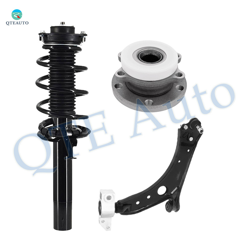 Set of 3 Front Right Lower Control Arm-Wheel Hub Bearing Assembly-Quick Complete Strut-Coil Spring Assembly For 2006-2009 Volkswagen Rabbit