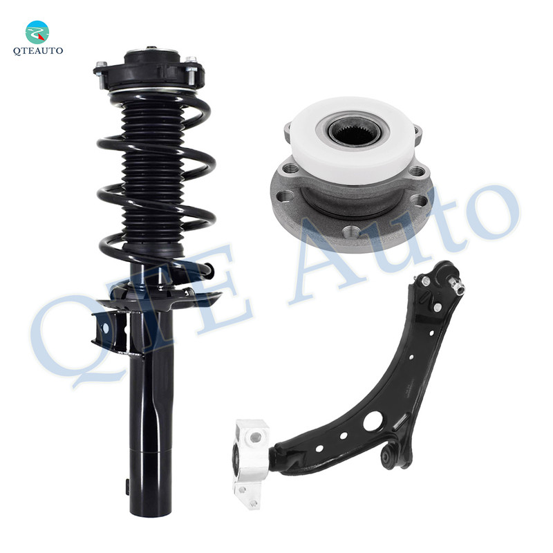 Set of 3 Front Right Lower Control Arm-Wheel Hub Bearing Assembly-Quick Complete Strut-Coil Spring Assembly For 2010-2013 Volkswagen Golf