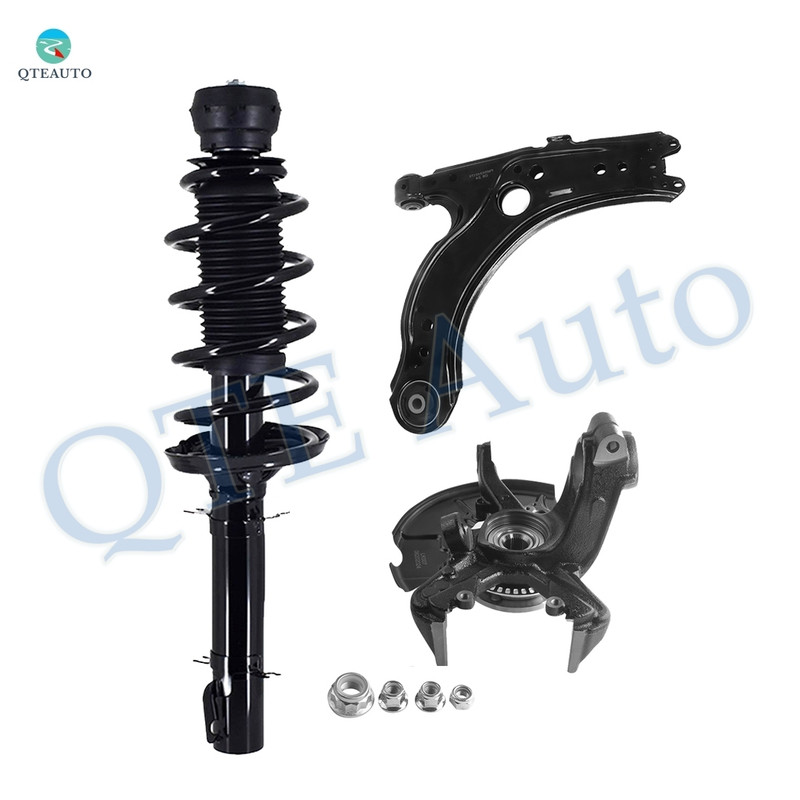 Set of 3 Front Left Lower Control Arm-Suspension Knuckle Assembly-Quick Complete Strut-Coil Spring Assembly For 1999-2004 Volkswagen Golf