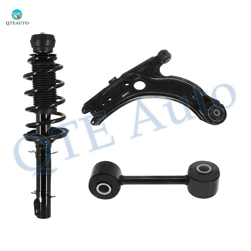 Set of 3 Front Lower Control Arm-Sway Bar Link-Quick Complete Strut-Coil Spring Assembly For 2003-2005 Volkswagen Golf