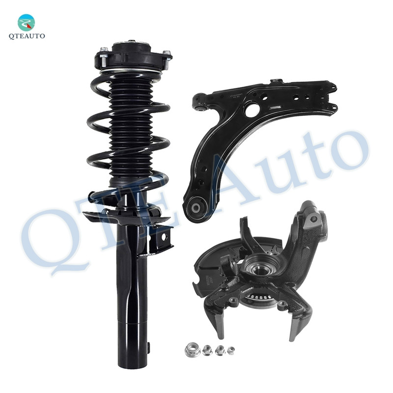 Set of 3 Front Left Lower Control Arm-Suspension Knuckle Assembly-Quick Complete Strut-Coil Spring Assembly For 2005 2006 Volkswagen Jetta