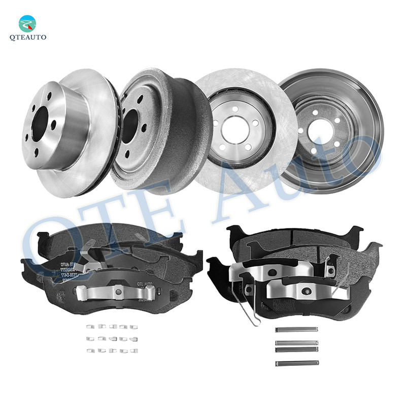 Set 12 Front 280mm Brake Disc Rotors-Ceramic Brake Pad Kit-Rear 273mm Brake Drum-Ceramic Brake Pad Kit For 2003-2006 Jeep TJ