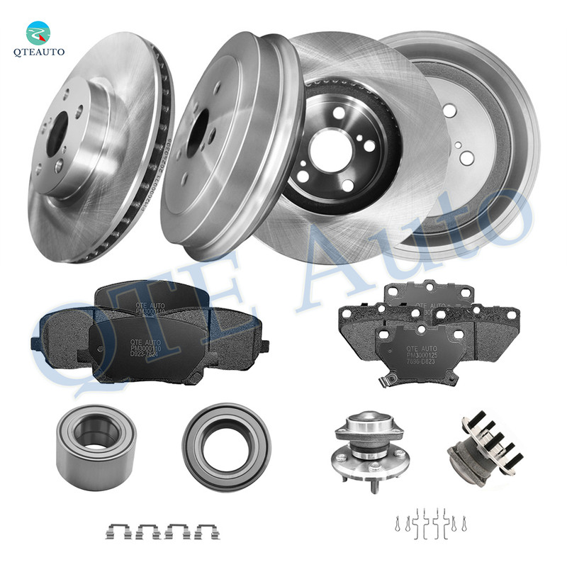 Set of 16 Front 275mm Brake Disc Rotors-Wheel Hub Bearing Assembly-Ceramic Brake Pad Kit-Rear 242mm Brake Drum-Wheel Bearing-Ceramic Brake Pad Kit For 2004-2006 Toyota Corolla