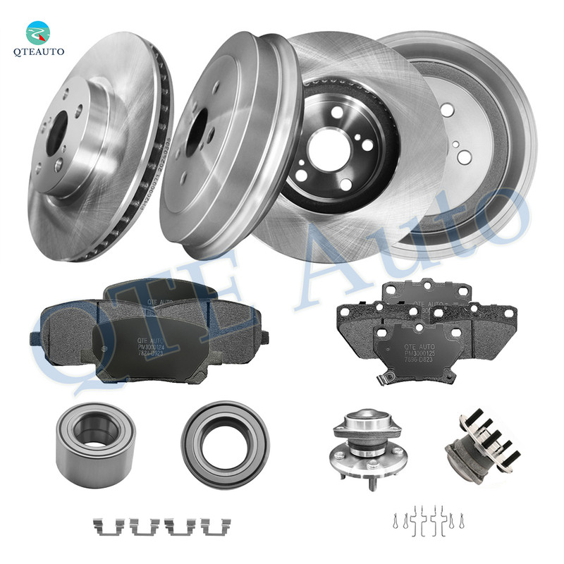 Set 16 Front 275mm Brake Disc Rotors-Wheel Hub Bearing Assembly-Ceramic Brake Pad Kit-Rear 242mm Brake Drum-Wheel Bearing-Ceramic Brake Pad Kit For 2004-2006 Toyota Corolla