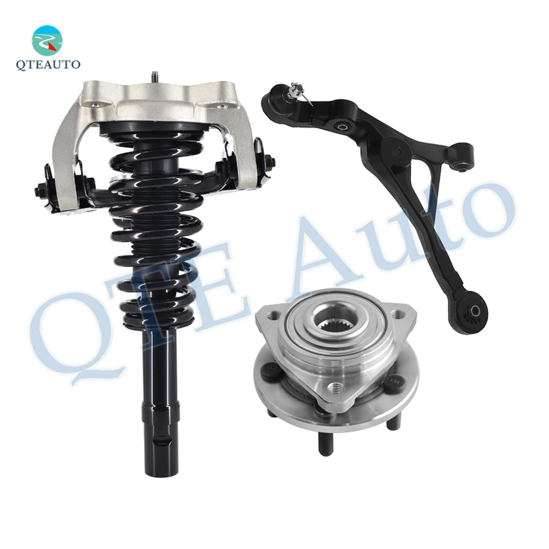 Set of 3 Front Left Lower Control Arm Ball Joint-Wheel Hub Bearing Assembly-Quick Complete Strut-Coil Spring Assembly For 1999 2000 Plymouth Breeze W/ Control Arm