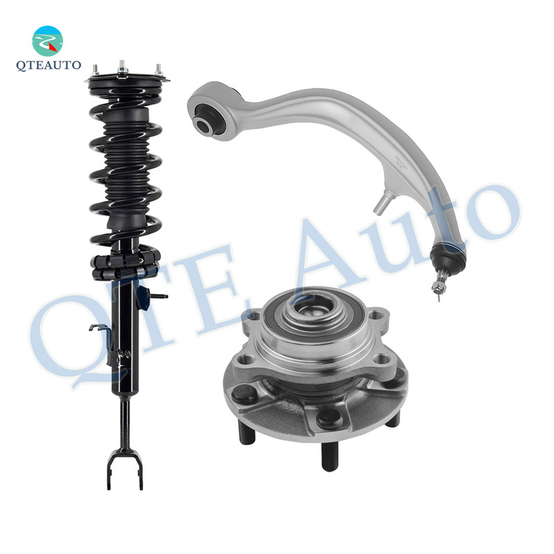 Set of 3 Front Left Lower Rearward Control Arm Ball Joint-Wheel Hub Bearing Assembly-Quick Complete Strut-Coil Spring Assembly For 2003-2007 Infiniti G35 w/ Sport Suspension