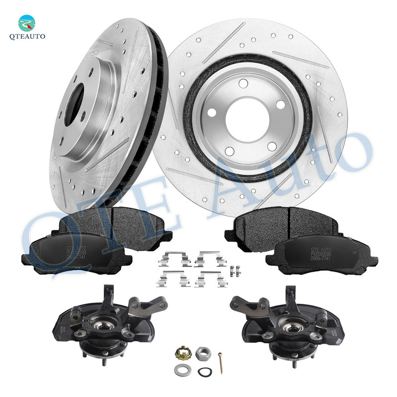 Set of 8 Front 294mm Drilled Slotted Brake Disc Rotors-Ceramic Brake Pad Kit-Suspension Knuckle Assembly For 2007-2009 Dodge Caliber