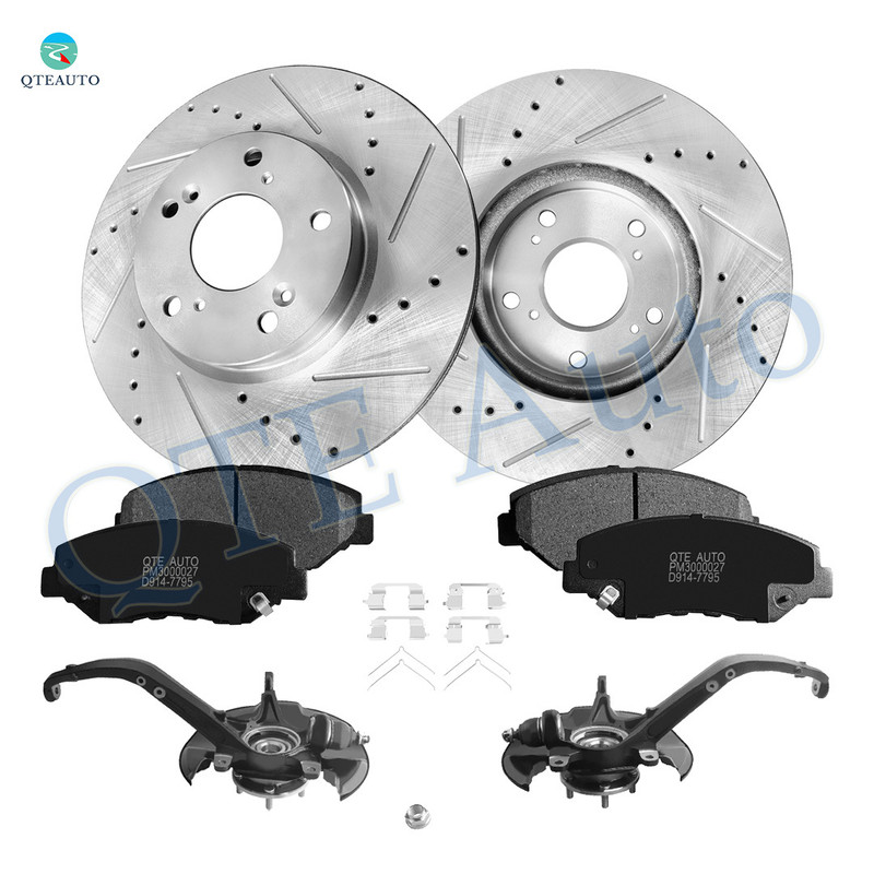 Set of 8 Front Ceramic Brake Pad Kit-282mm Drilled Slotted Brake Disc Rotors-Suspension Knuckle Assembly For 2008-2012 Honda Accord