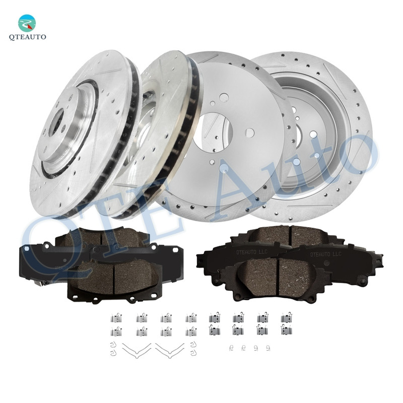 Set of 12 Front-Rear Drilled Slotted Disc Brake Rotors-Ceramic Brake Pad kit For 2010-2015 Lexus RX450h