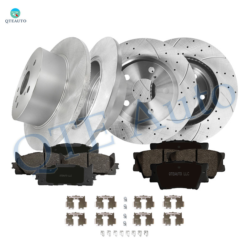 Set of 12 Front 296mm-Rear 281mm Drilled Slotted Disc Brake Rotors-Ceramic Brake Pad kit For 2007-2011 Toyota Camry