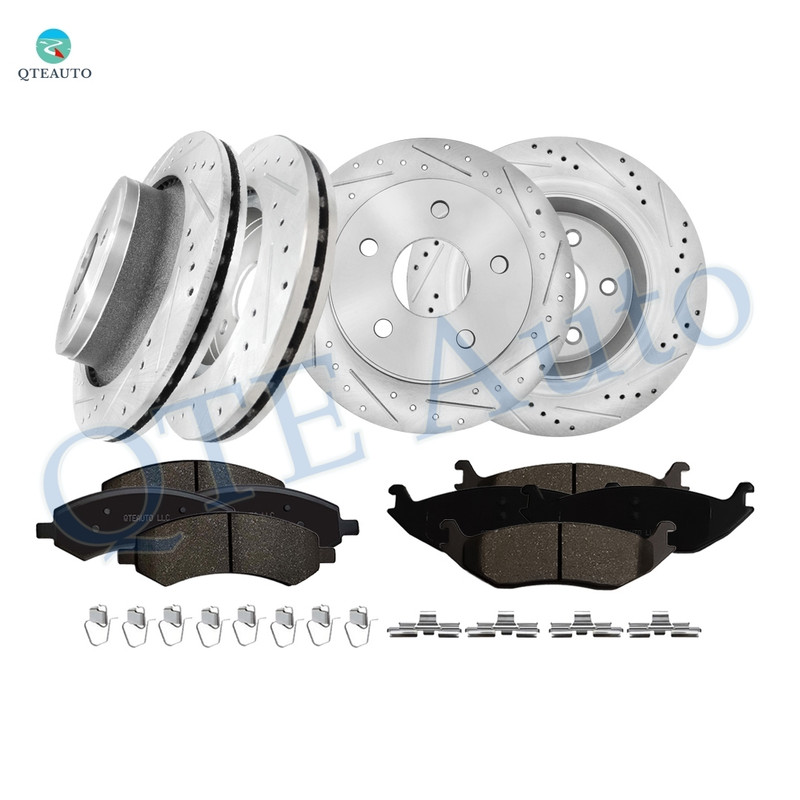 Set of 12 Front-Rear Drilled Slotted Disc Brake Rotors-Ceramic Brake Pad kit For 2006-2010 Dodge Ram 1500