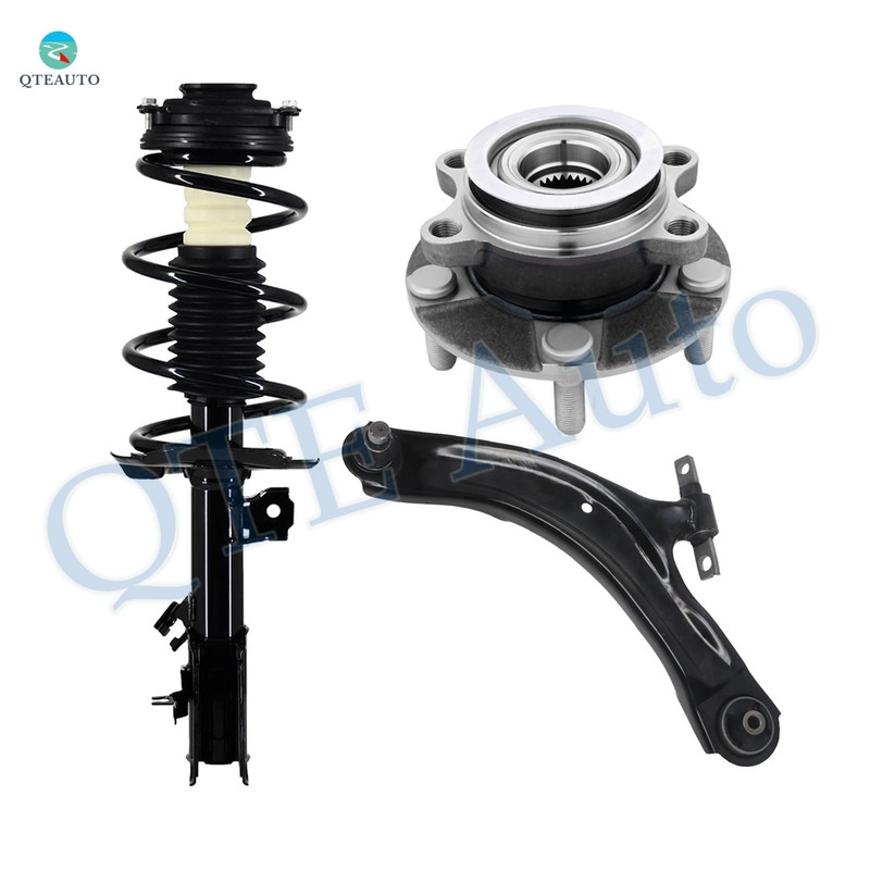 Set of 3 Front Left Lower Control Arm Ball Joint-Wheel Hub Bearing Assembly-Quick Complete Strut-Coil Spring Assembly For 2008-2012 Nissan Rogue FWD